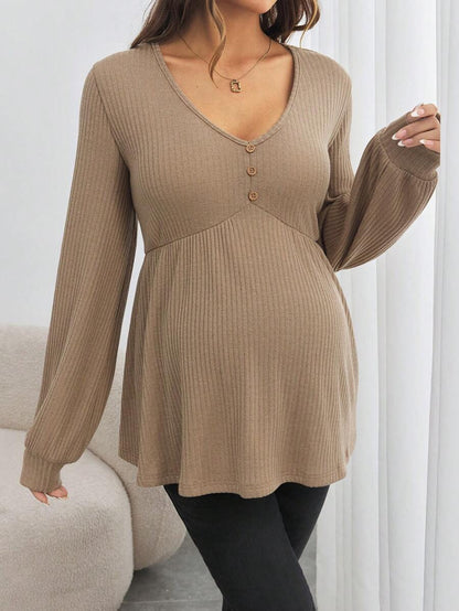 Maternity V-Neck Button Down Long Sleeve T-Shirt - Loose Fit Knitted Flared Hem Casual Top