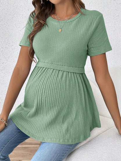 Elegant Romantic Gender Reveal Party Round Neck Short Sleeve Maternity T-Shirt in Lilac Purple Ruffle Hem Slim Fit Cotton Tee