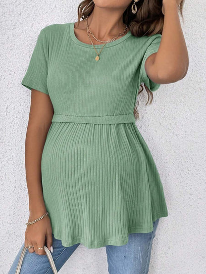 Romantic Ruffle Hem Maternity T-Shirt - Elegant Short Sleeve Round Neck Black Slim Fit Cotton Knit Top for Gender Reveal & Daily Wear