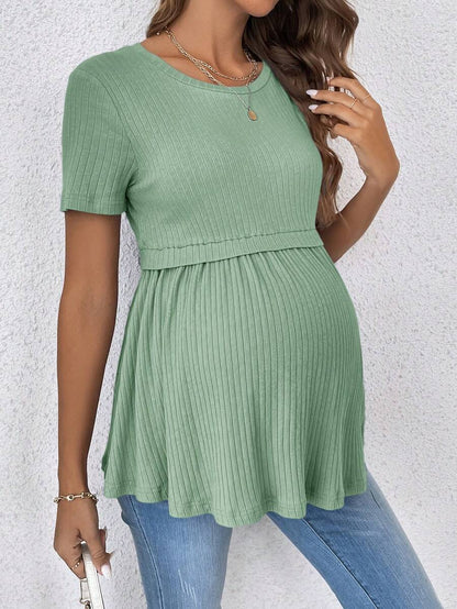 Elegant Romantic Gender Reveal Party Round Neck Short Sleeve Maternity T-Shirt in Lilac Purple Ruffle Hem Slim Fit Cotton Tee