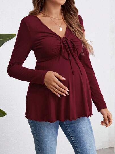 Burgundy Maternity Knit Sweetheart Neck Long Sleeve T-Shirt with Ruched Bow Accent, Flared Hem Autumn Office Maternity Top