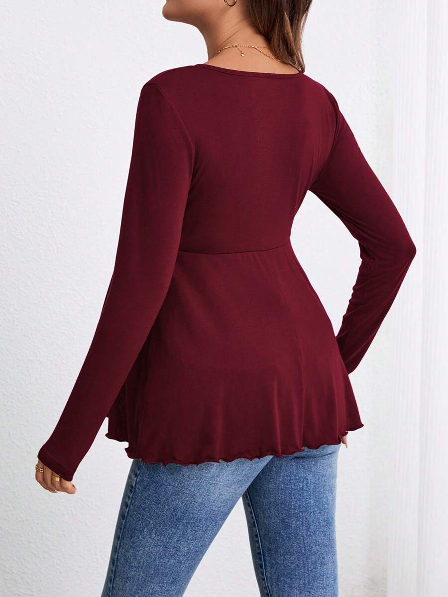 Burgundy Maternity Knit Sweetheart Neck Long Sleeve T-Shirt with Ruched Bow Accent, Flared Hem Autumn Office Maternity Top