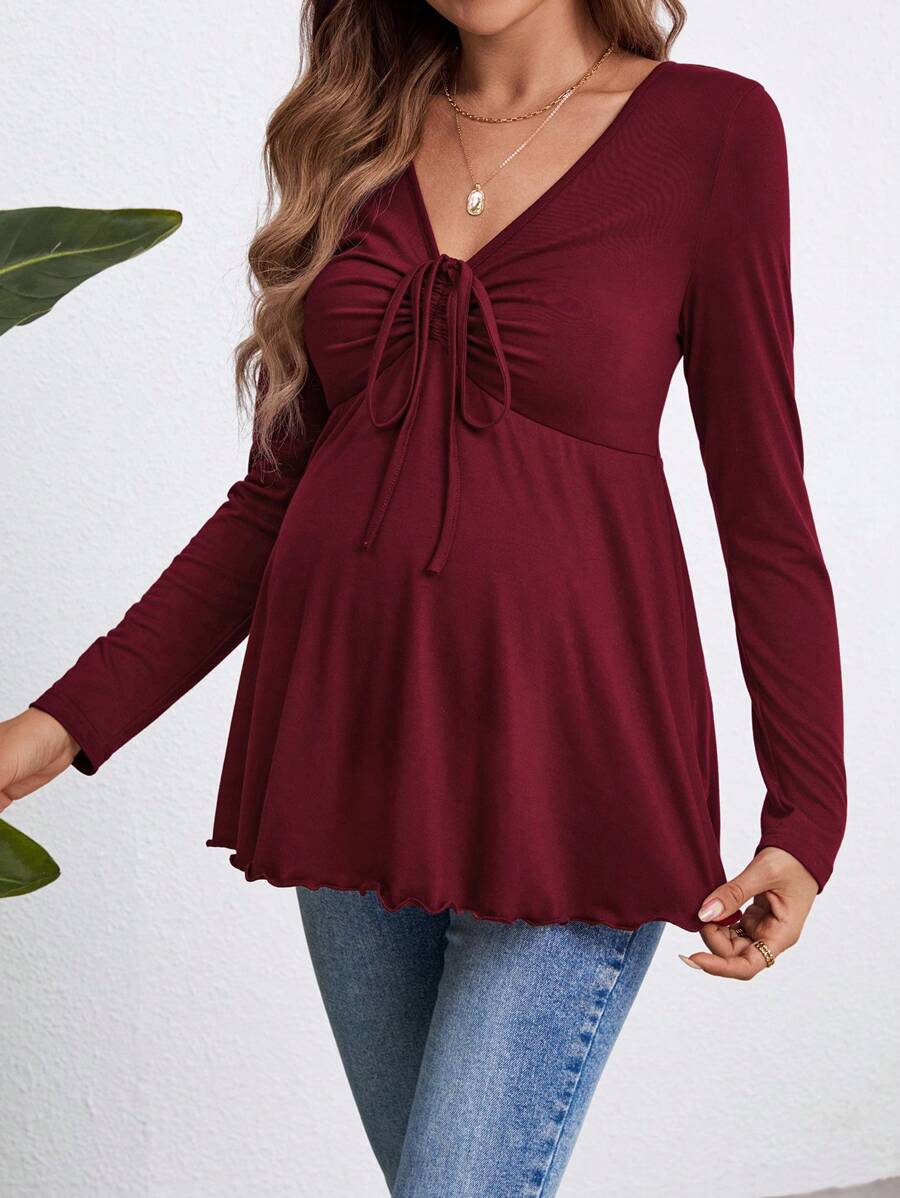 Burgundy Maternity Knit Sweetheart Neck Long Sleeve T-Shirt with Ruched Bow Accent, Flared Hem Autumn Office Maternity Top
