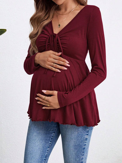 Burgundy Maternity Knit Sweetheart Neck Long Sleeve T-Shirt with Ruched Bow Accent, Flared Hem Autumn Office Maternity Top