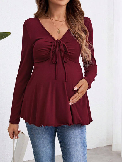 Burgundy Maternity Knit Sweetheart Neck Long Sleeve T-Shirt with Ruched Bow Accent, Flared Hem Autumn Office Maternity Top