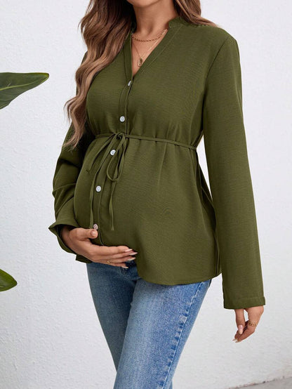 Army Green Button Down Maternity Shirt with Belted Waist, Long Sleeve Notched Neck Loose Fit Flared Hem Casual Woven Blouse