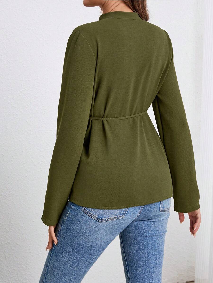 Army Green Button Down Maternity Shirt with Belted Waist, Long Sleeve Notched Neck Loose Fit Flared Hem Casual Woven Blouse