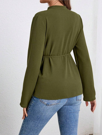 Army Green Button Down Maternity Shirt with Belted Waist, Long Sleeve Notched Neck Loose Fit Flared Hem Casual Woven Blouse