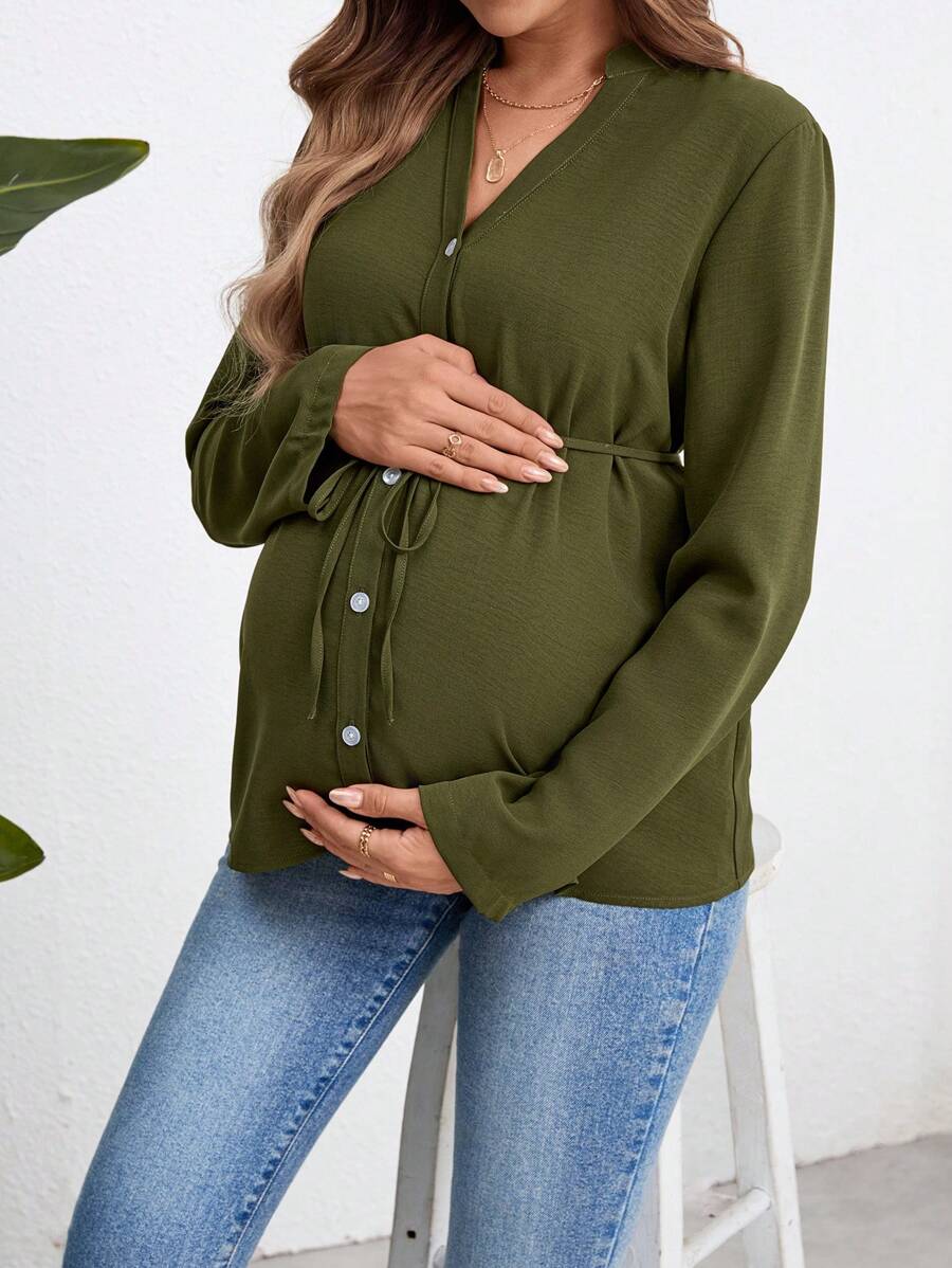 Army Green Button Down Maternity Shirt with Belted Waist, Long Sleeve Notched Neck Loose Fit Flared Hem Casual Woven Blouse