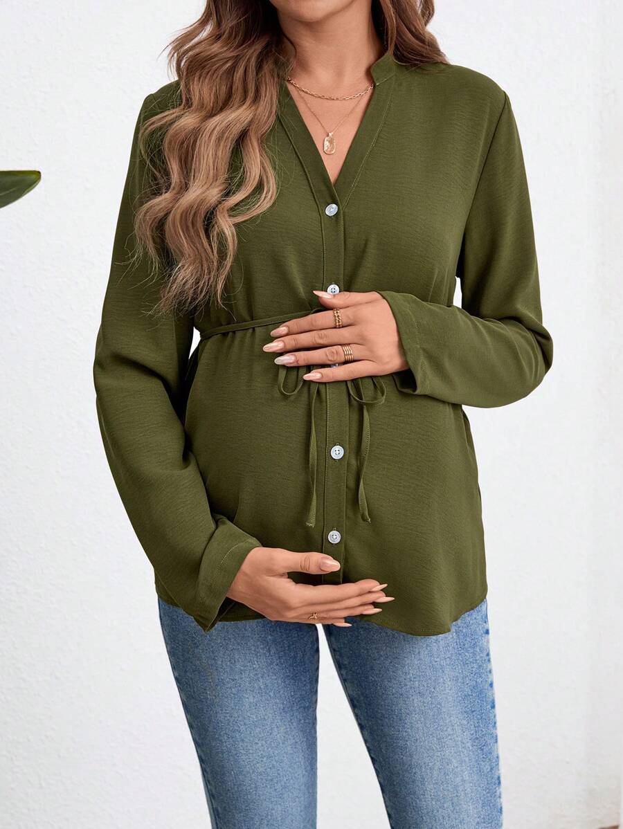Army Green Button Down Maternity Shirt with Belted Waist, Long Sleeve Notched Neck Loose Fit Flared Hem Casual Woven Blouse