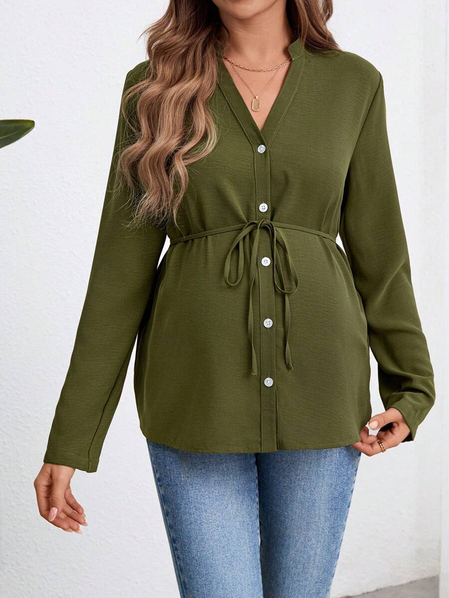 Army Green Button Down Maternity Shirt with Belted Waist, Long Sleeve Notched Neck Loose Fit Flared Hem Casual Woven Blouse