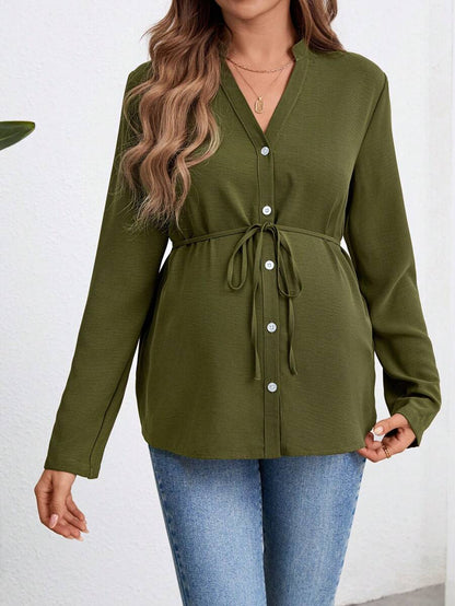 Army Green Button Down Maternity Shirt with Belted Waist, Long Sleeve Notched Neck Loose Fit Flared Hem Casual Woven Blouse
