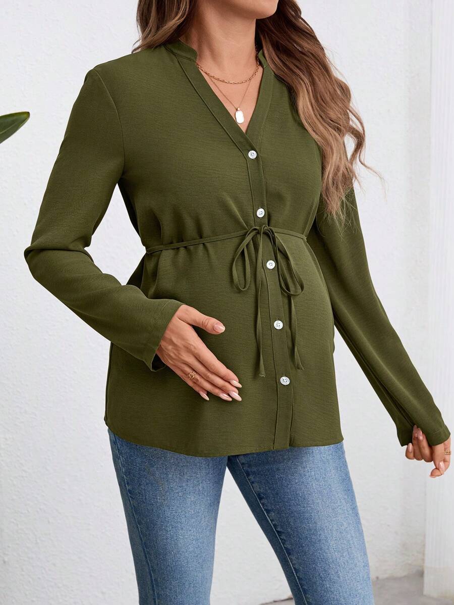 Army Green Button Down Maternity Shirt with Belted Waist, Long Sleeve Notched Neck Loose Fit Flared Hem Casual Woven Blouse