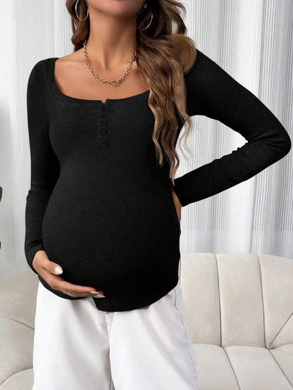 Maternity Grey Long Sleeve Slim Fit Henley T-Shirt with High Stretch Square Neck and Half Button Placket Detail