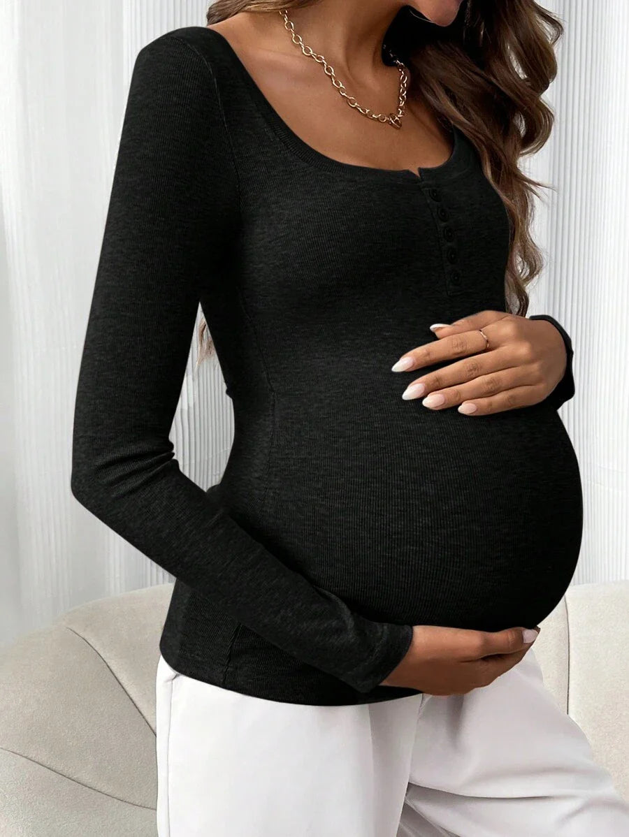 Maternity T-Shirt - Solid Color Button Half Placket Long Sleeve Casual Soft, Everyday Pregnancy