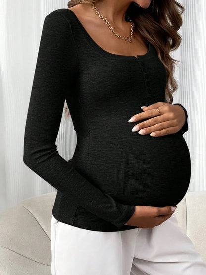 Maternity T-Shirt - Solid Color Button Half Placket Long Sleeve Casual Soft, Everyday Pregnancy