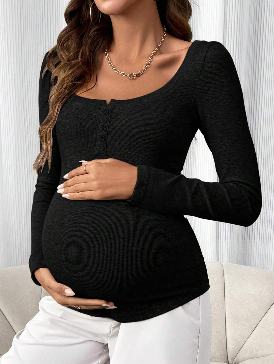 Maternity Grey Long Sleeve Slim Fit Henley T-Shirt with High Stretch Square Neck and Half Button Placket Detail