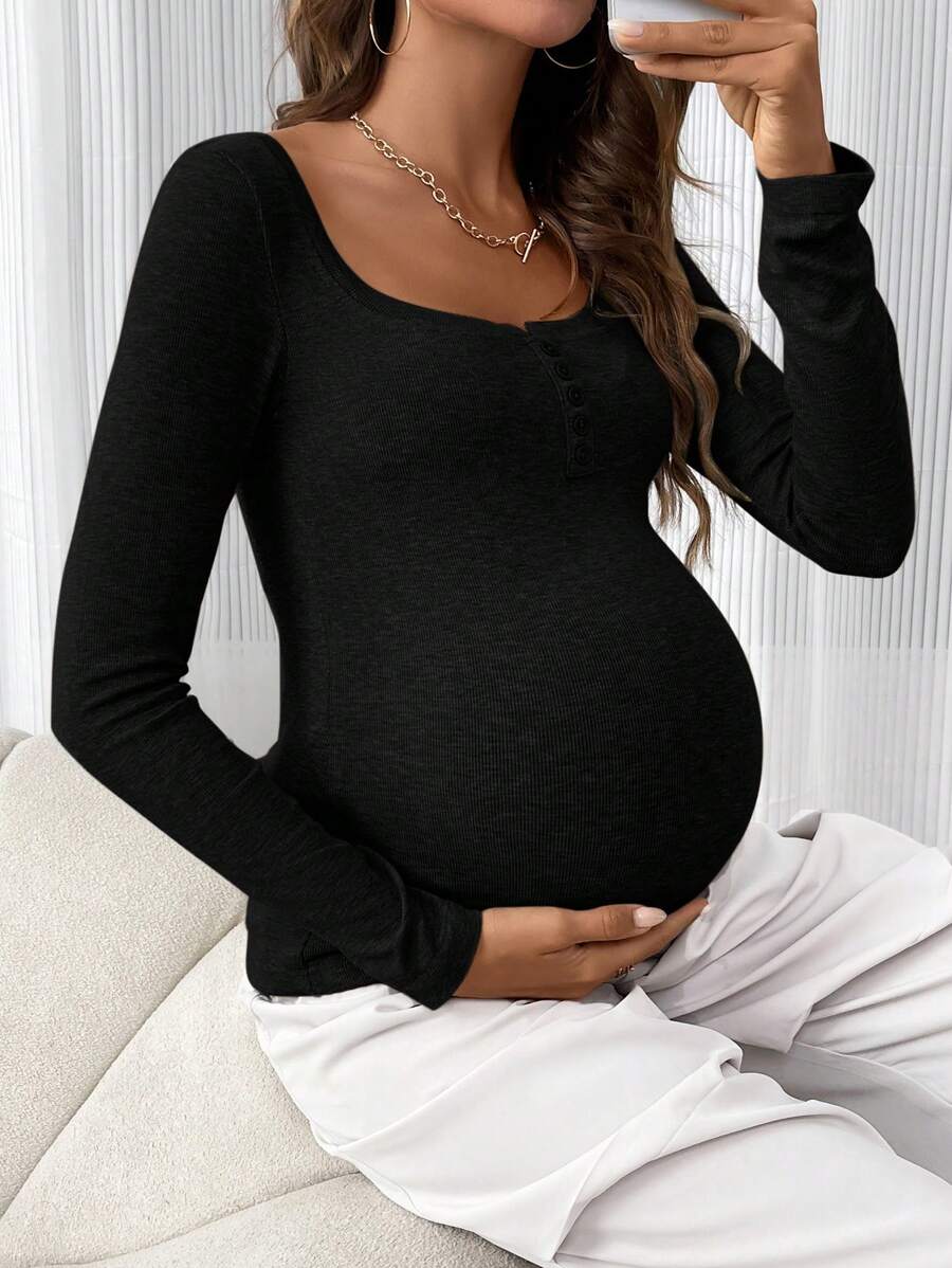 Maternity T-Shirt - Solid Color Button Half Placket Long Sleeve Casual Soft, Everyday Pregnancy