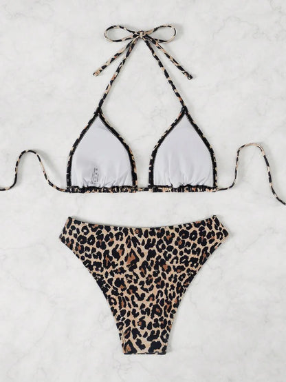 Swim Vcay Women's Summer New Contrast Color Striped Sexy Halter Triangle Cup Bikini Set