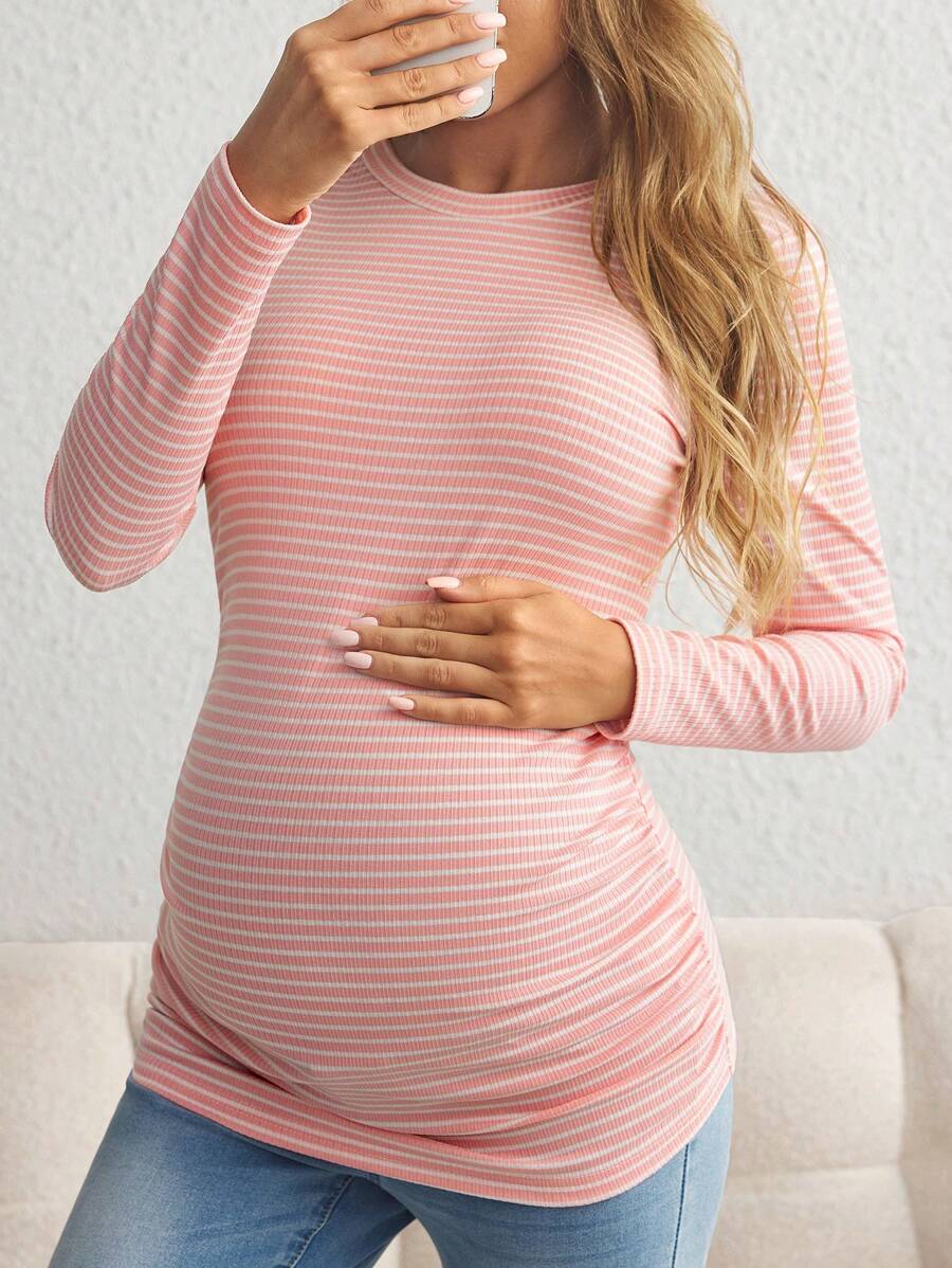Maternity Striped Long Sleeve Slim Fit T-Shirt - Autumn Round Neck Rib-Knit Casual Top for Daily Wear