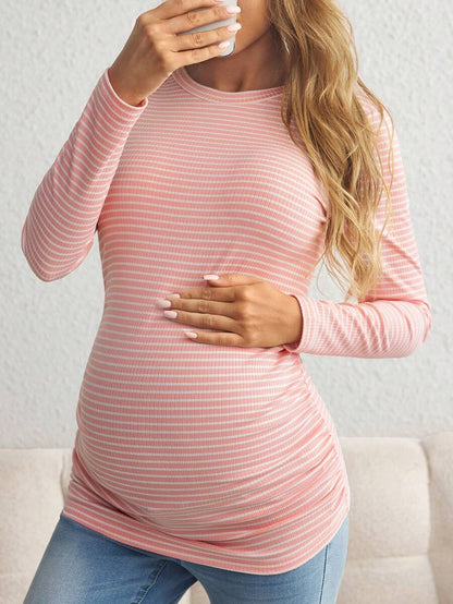 Maternity Striped Long Sleeve Slim Fit T-Shirt - Autumn Round Neck Rib-Knit Casual Top for Daily Wear