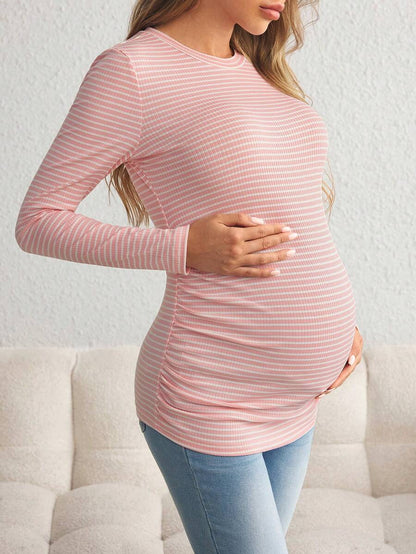 Maternity Striped Long Sleeve Slim Fit T-Shirt - Autumn Round Neck Rib-Knit Casual Top for Daily Wear