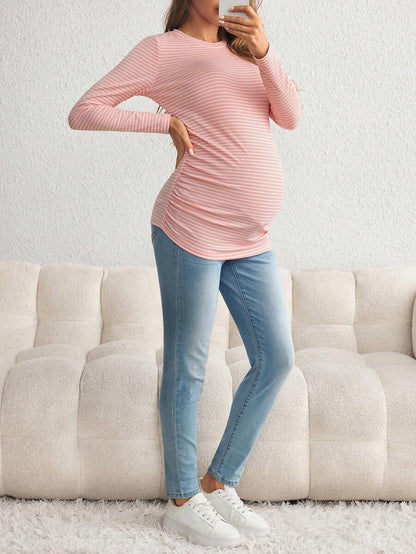 Maternity Striped Long Sleeve Slim Fit T-Shirt - Autumn Round Neck Rib-Knit Casual Top for Daily Wear
