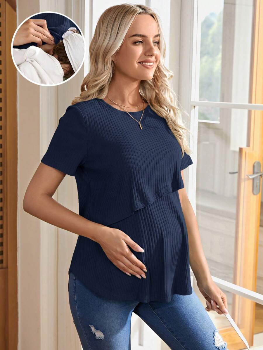 Maternity Nursing Ribbed Short Sleeve T-Shirt - Pink Round Neck Asymmetrical Hem Loose Fit Cotton Knit Maternity Top