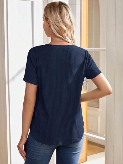 Maternity and Nursing Solid Blue Short Sleeve Top Loose Fit Rib-Knit High Stretch Round Neck Cotton Pregnancy Shirt