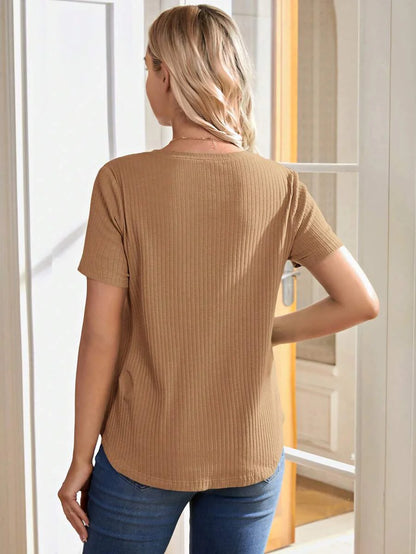 Maternity and Nursing Solid Blue Short Sleeve Top Loose Fit Rib-Knit High Stretch Round Neck Cotton Pregnancy Shirt