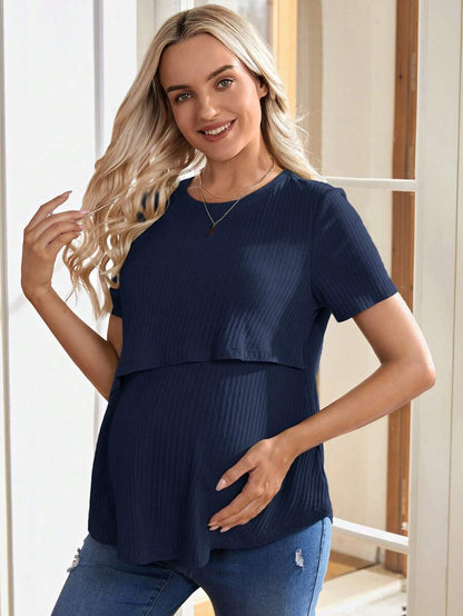 Army Green Nursing Top - Asymmetrical Loose Fit Cotton Short Sleeve Maternity T-Shirt with High Stretch