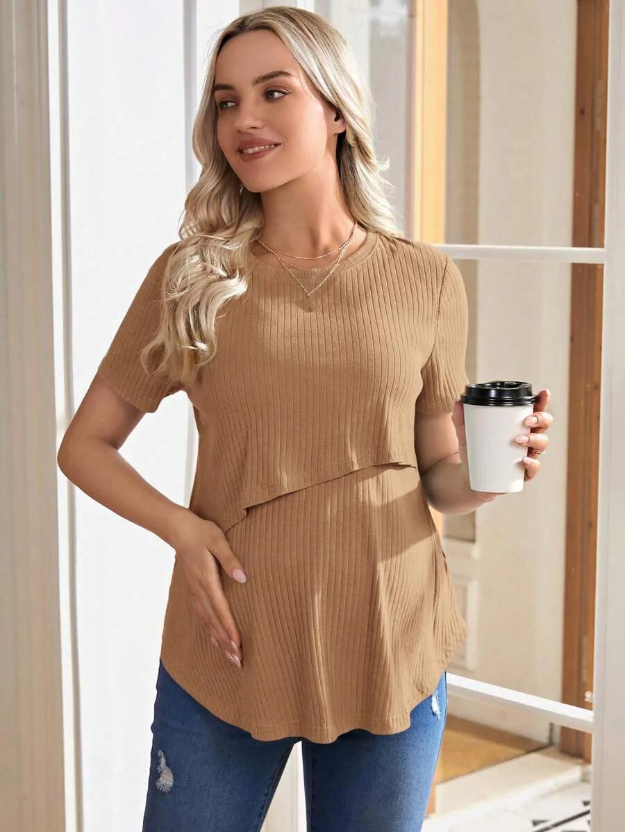 Army Green Nursing Top - Asymmetrical Loose Fit Cotton Short Sleeve Maternity T-Shirt with High Stretch