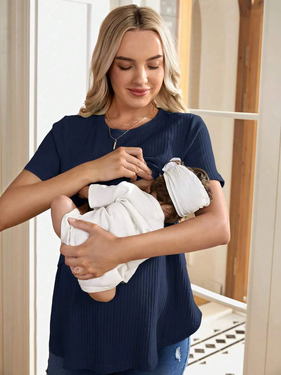 Maternity Nursing Top - Solid Color Round Neck Casual Short Sleeve Soft, Summer Breastfeeding