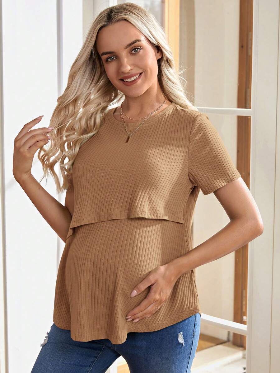 Maternity Nursing T-Shirt - Khaki Short Sleeve Round Neck Loose Fit Cotton Knitted Asymmetrical Long Casual Summer Top