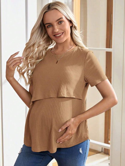 Maternity Nursing T-Shirt - Khaki Short Sleeve Round Neck Loose Fit Cotton Knitted Asymmetrical Long Casual Summer Top