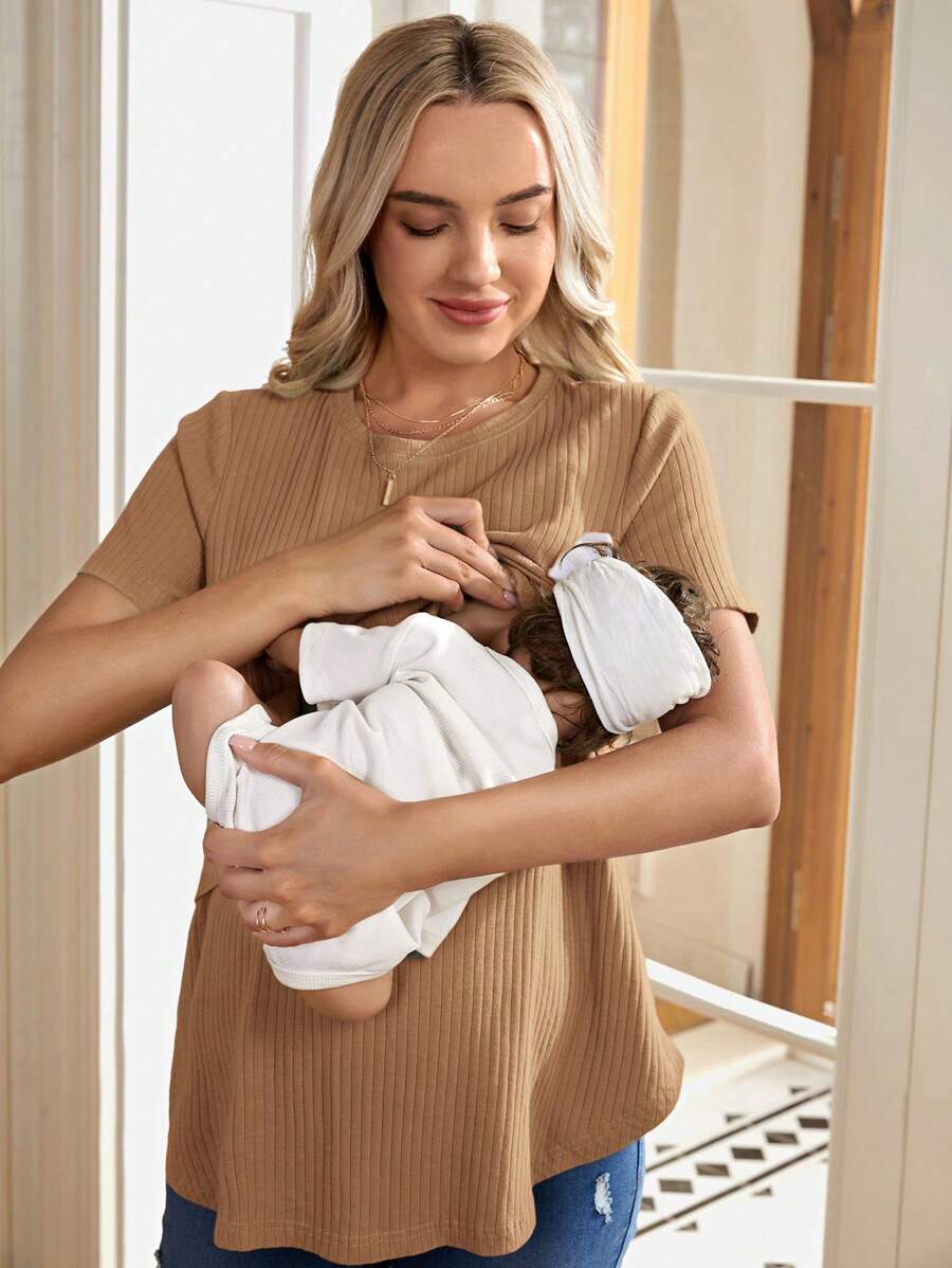 Maternity Nursing Top - Solid Color Round Neck Casual Short Sleeve Soft, Summer Breastfeeding