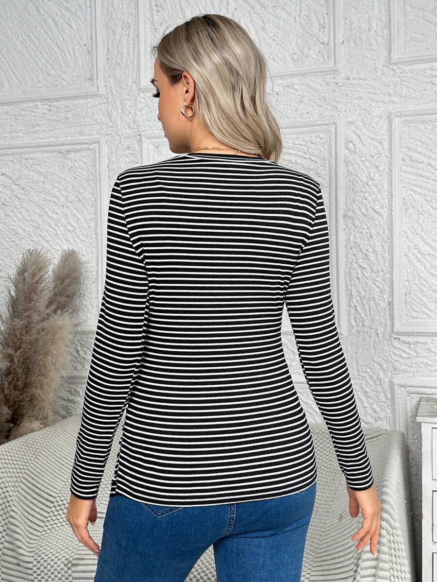 Maternity Striped Long Sleeve Slim Fit T-Shirt - Autumn Round Neck Rib-Knit Casual Top for Daily Wear