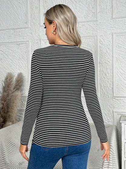 Maternity Striped Long Sleeve Slim Fit T-Shirt - Autumn Round Neck Rib-Knit Casual Top for Daily Wear