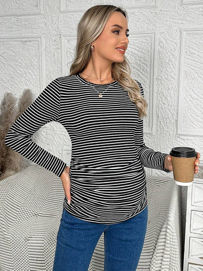 Maternity Striped Long Sleeve Slim Fit T-Shirt - Autumn Round Neck Rib-Knit Casual Top for Daily Wear