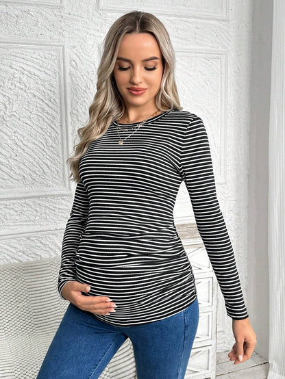 Maternity Striped Long Sleeve Slim Fit T-Shirt - Autumn Round Neck Rib-Knit Casual Top for Daily Wear