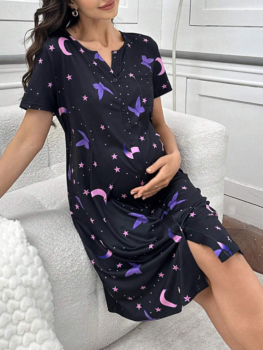 Maternity Butterfly Moon Star Print Button Front Pajama Dress Women Short Sleeve Sleepwear