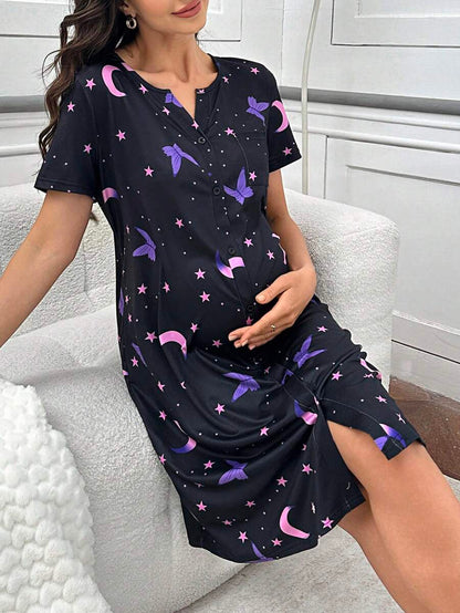 Maternity Butterfly Moon Star Print Button Front Pajama Dress Women Short Sleeve Sleepwear