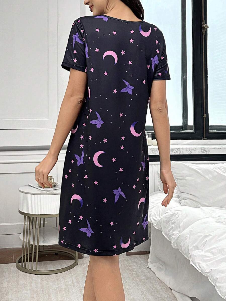 Maternity Butterfly Moon Star Print Button Front Pajama Dress Women Short Sleeve Sleepwear