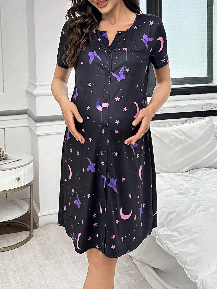 Maternity Butterfly Moon Star Print Button Front Pajama Dress Women Short Sleeve Sleepwear