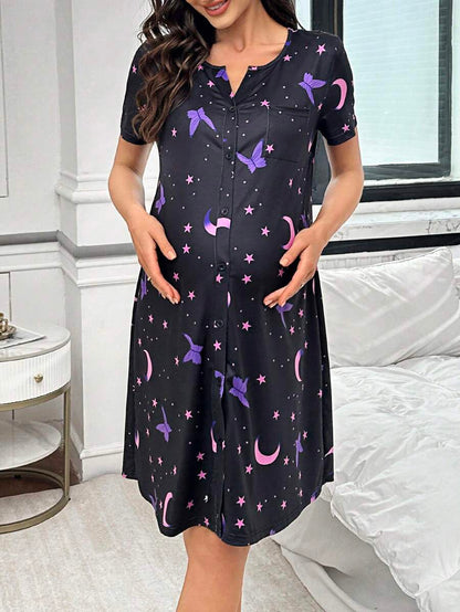 Maternity Butterfly Moon Star Print Button Front Pajama Dress Women Short Sleeve Sleepwear