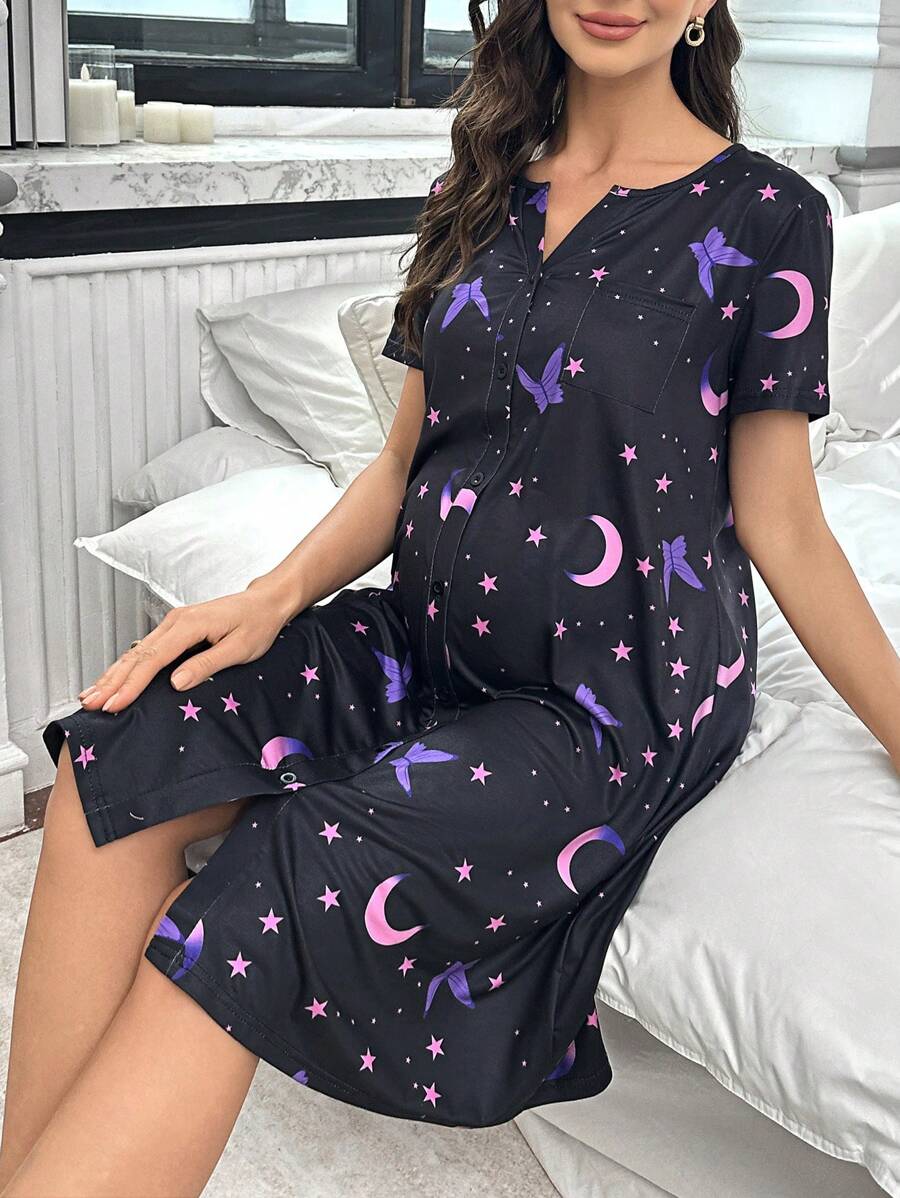Maternity Butterfly Moon Star Print Button Front Pajama Dress Women Short Sleeve Sleepwear