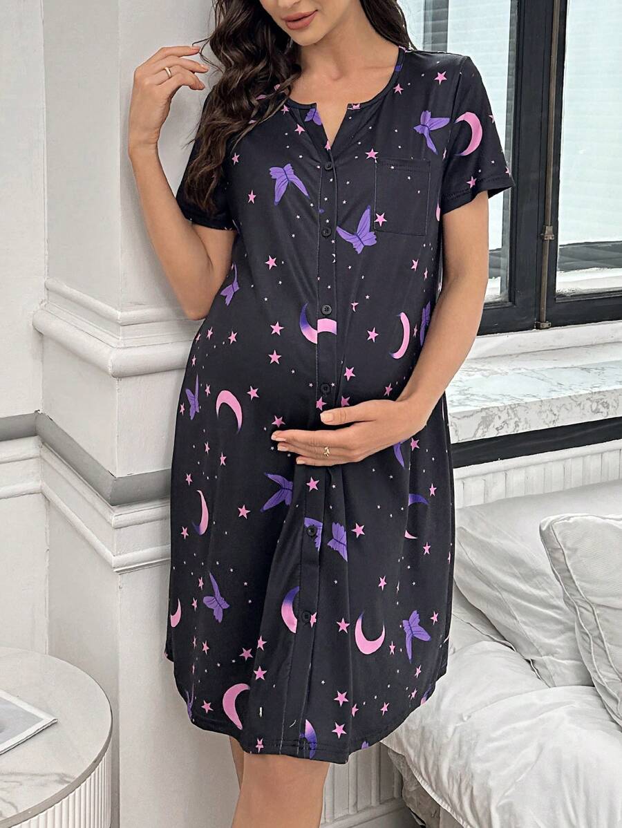 Maternity Butterfly Moon Star Print Button Front Pajama Dress Women Short Sleeve Sleepwear