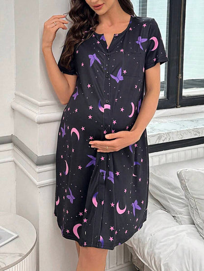 Maternity Butterfly Moon Star Print Button Front Pajama Dress Women Short Sleeve Sleepwear