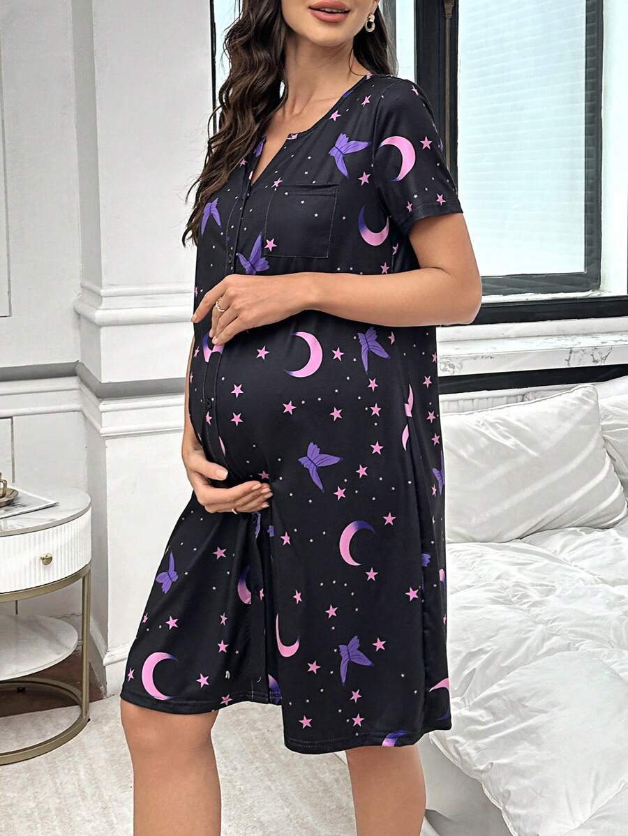 Maternity Butterfly Moon Star Print Button Front Pajama Dress Women Short Sleeve Sleepwear
