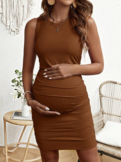 Maternity Active Sleeveless Bodycon Mini Dress Casual Round Neck Ruched Tank Dress for Daily Wear